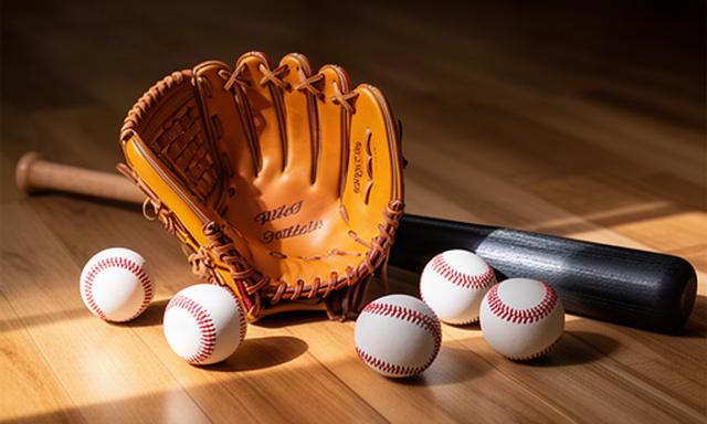野球のグローブ、バット、ボールが整然と並べられた溫かみのある用品陳列。木目の床に影がやわらかく落ちる